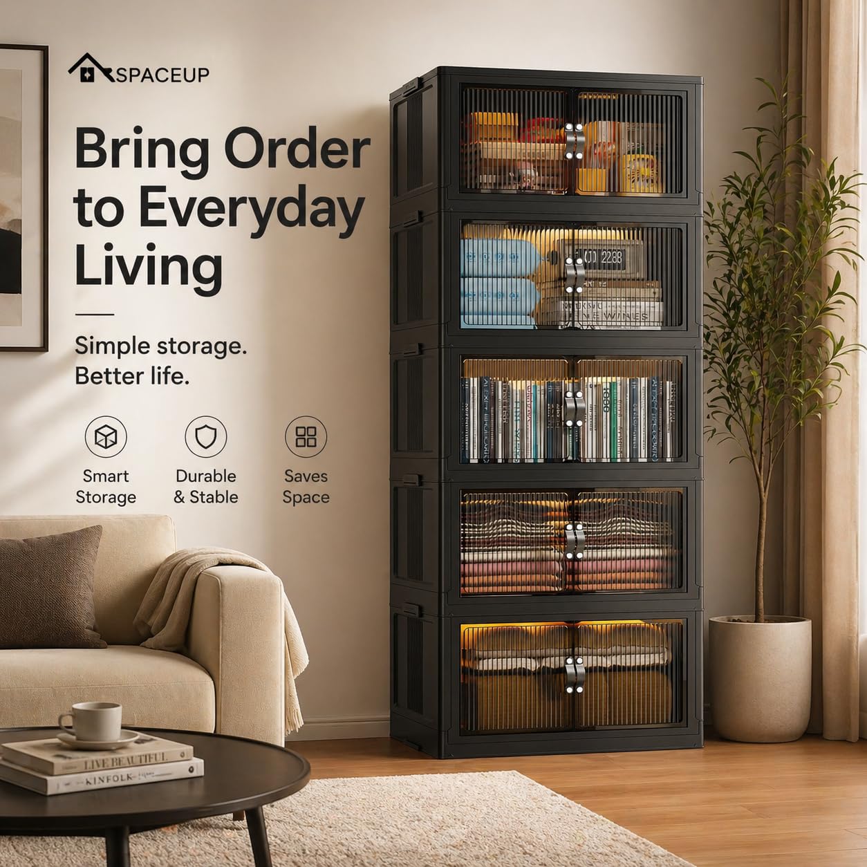 SAILUN storage in living room, displaying stacking and space-saving potential.