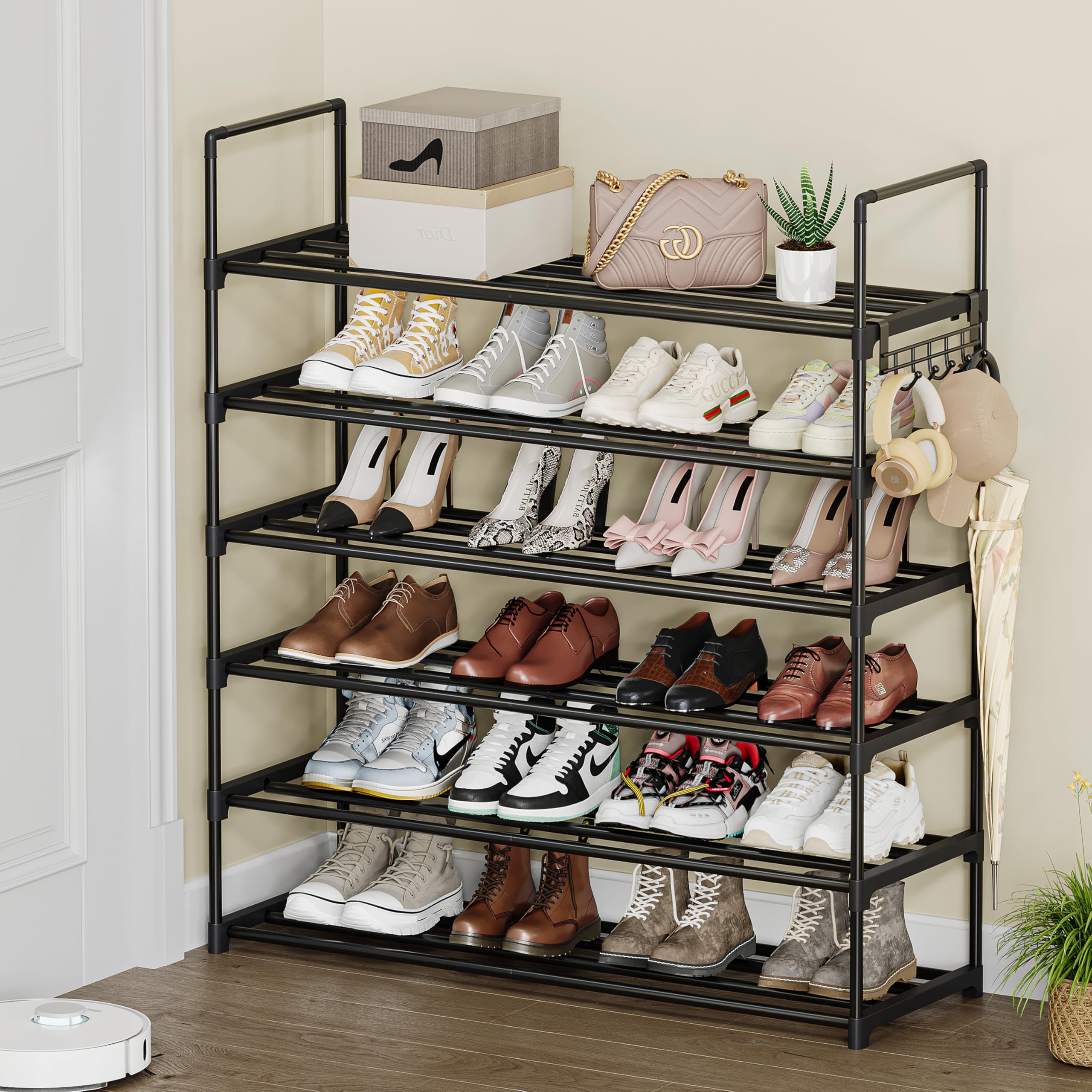 Saincustom 6-tier shoe rack side view highlights sturdy metal construction.