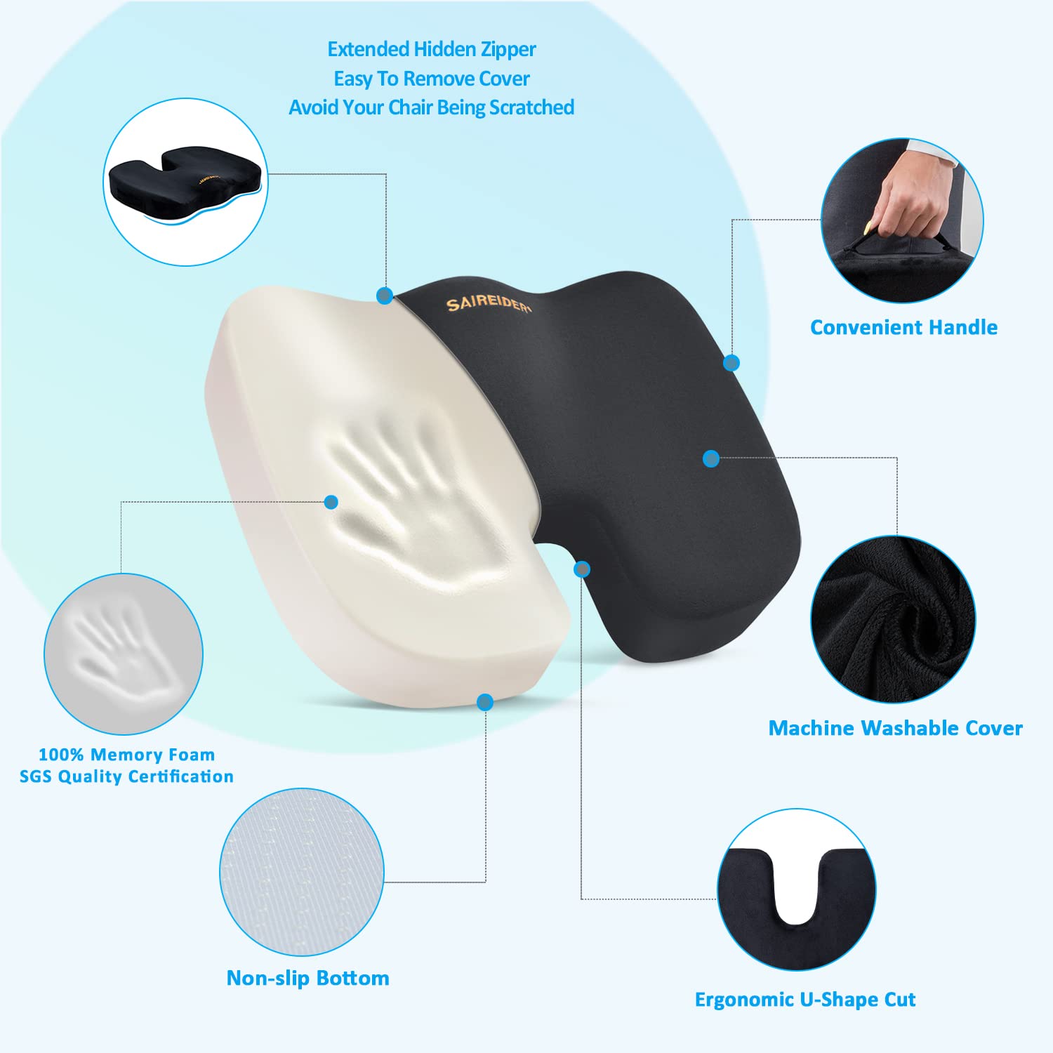 SAIREIDER seat cushion with non slip bottom stays in place