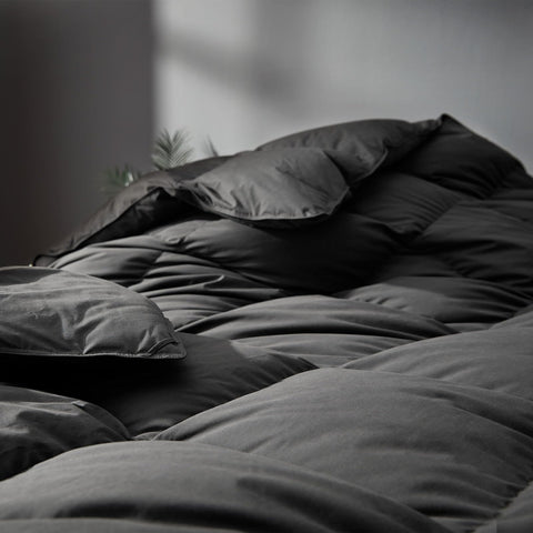 Saisier Grey Goose Down Comforter in dawn light emphasizes premium fabric glow.