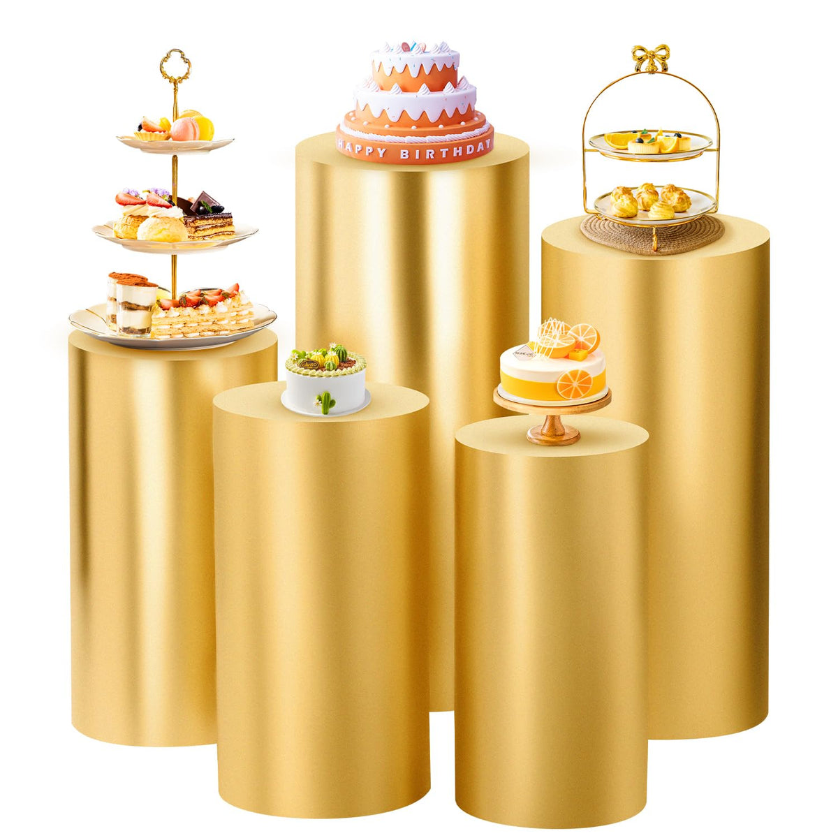 SaitiMade gold cylinder pedestal cover elevating wedding decor with radiant sheen