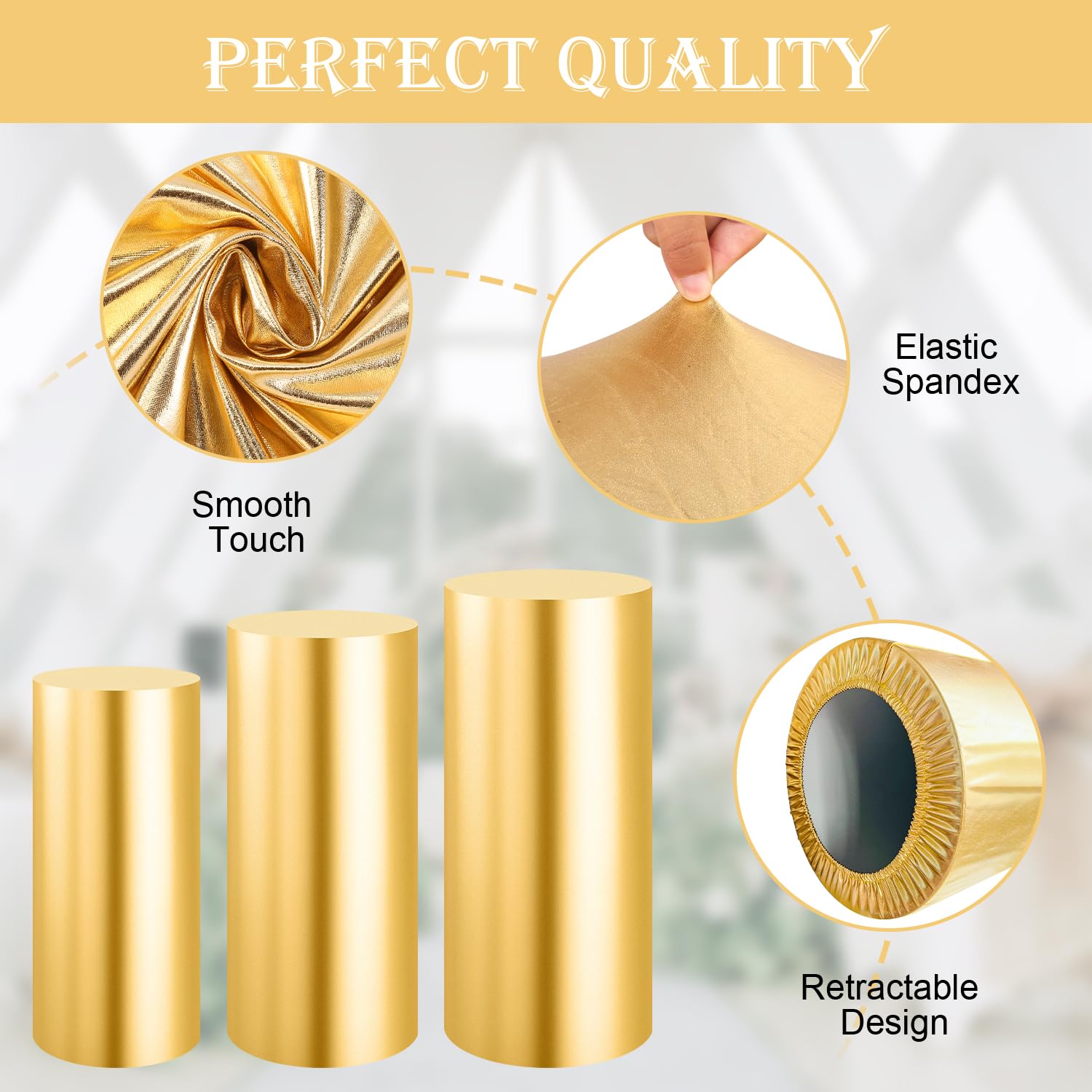 SaitiMade gold pedestal covers protect white pedestals while adding luxury
