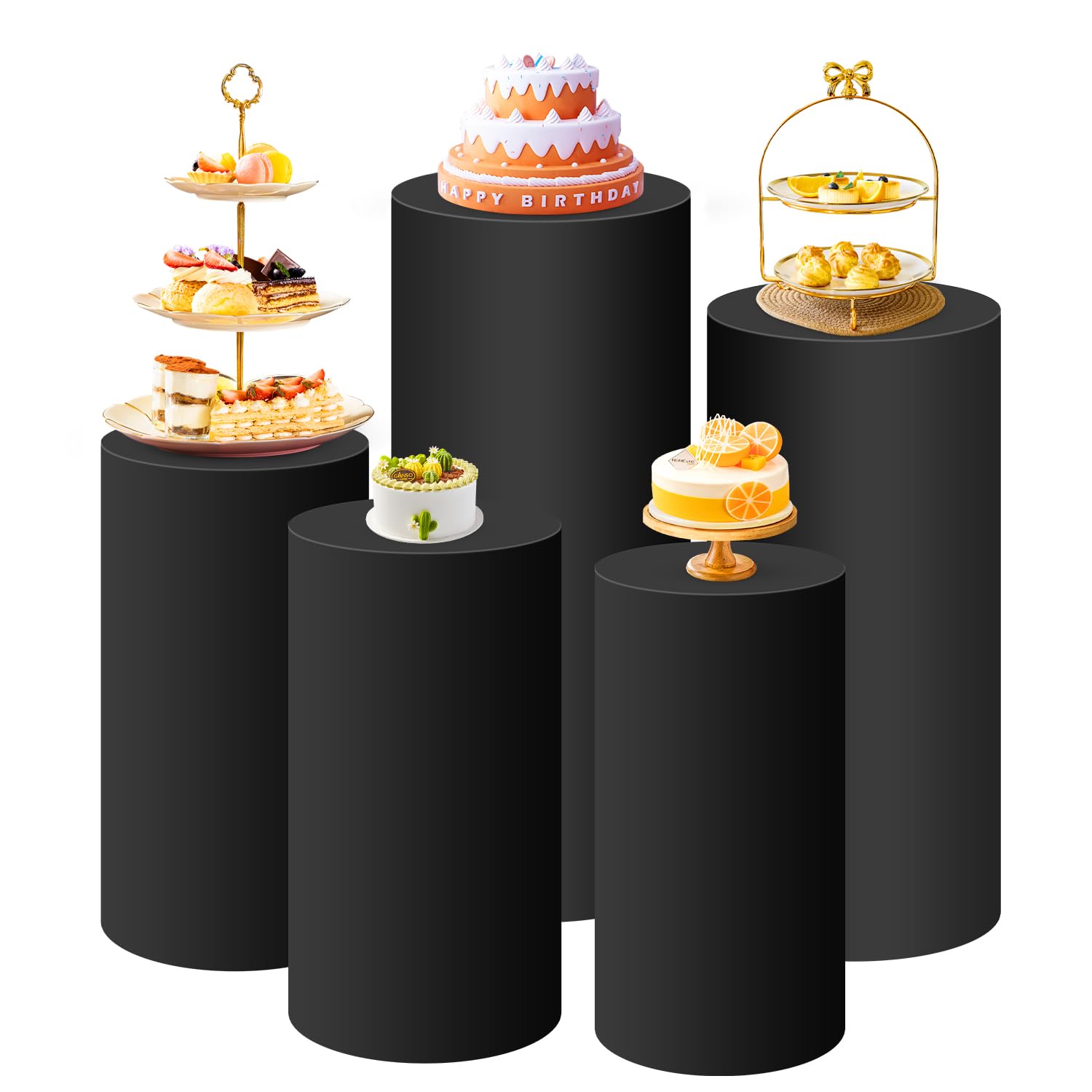SaitiMade black cylinder pedestal cover on a white stand creates an elegant event focal point.