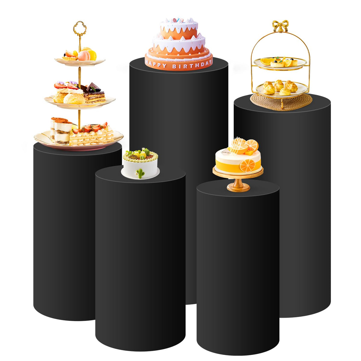 SaitiMade black cylinder pedestal cover on a white stand creates an elegant event focal point.