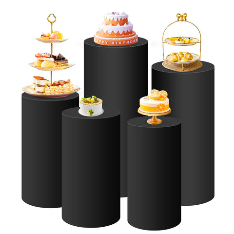 SaitiMade black cylinder pedestal cover on a white stand creates an elegant event focal point.