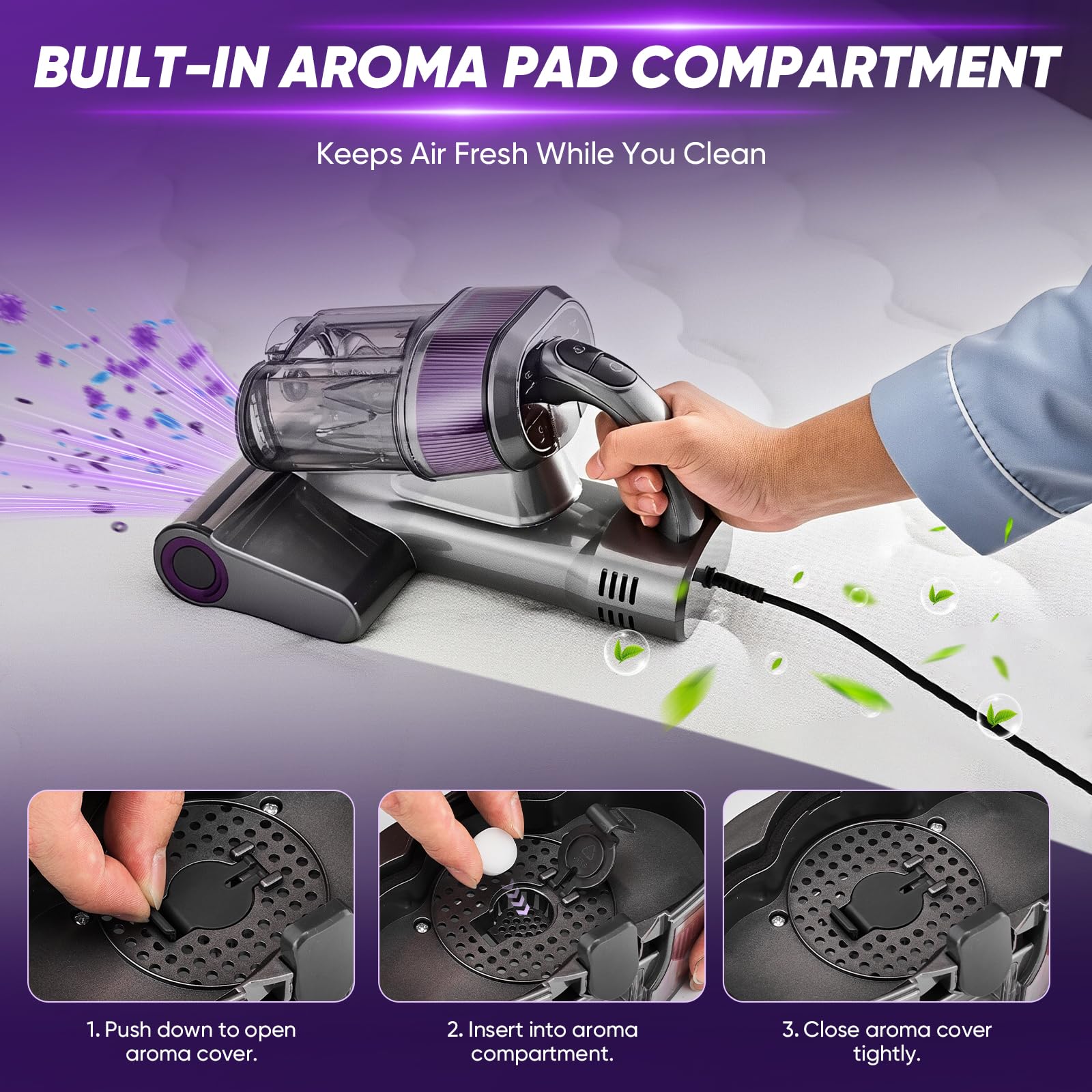 Saker pull-out beating roller brush simplifies agitation and debris lifting.