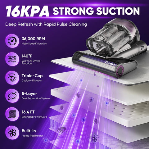 Saker mattress vacuum uses UV-C light to sanitize deep fabric fibers safely.