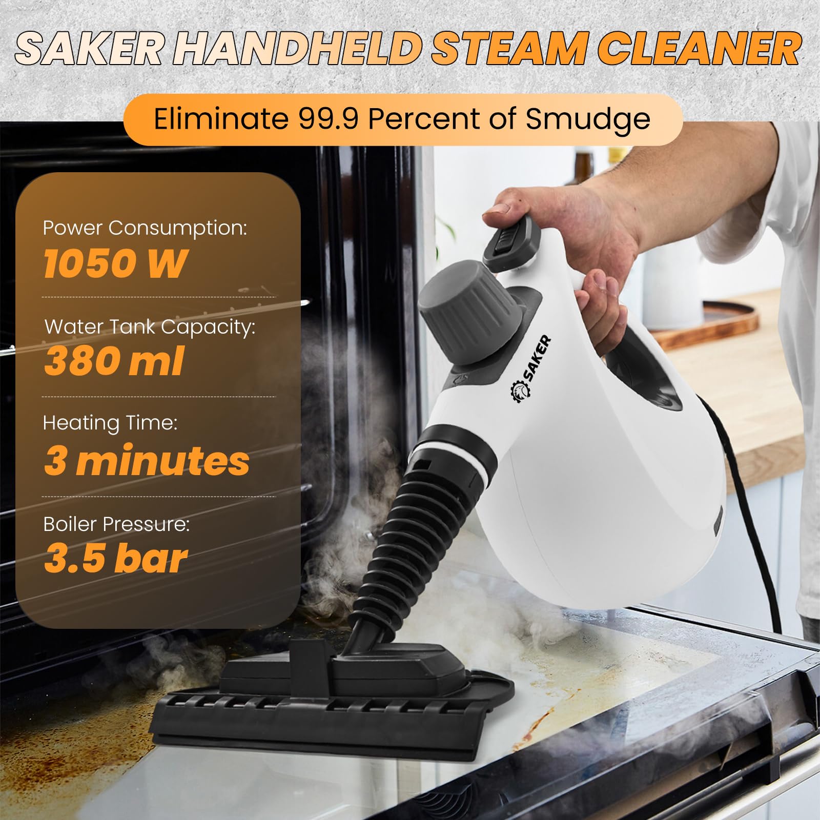 Saker steam cleaner in action with rapid heat for tough messes