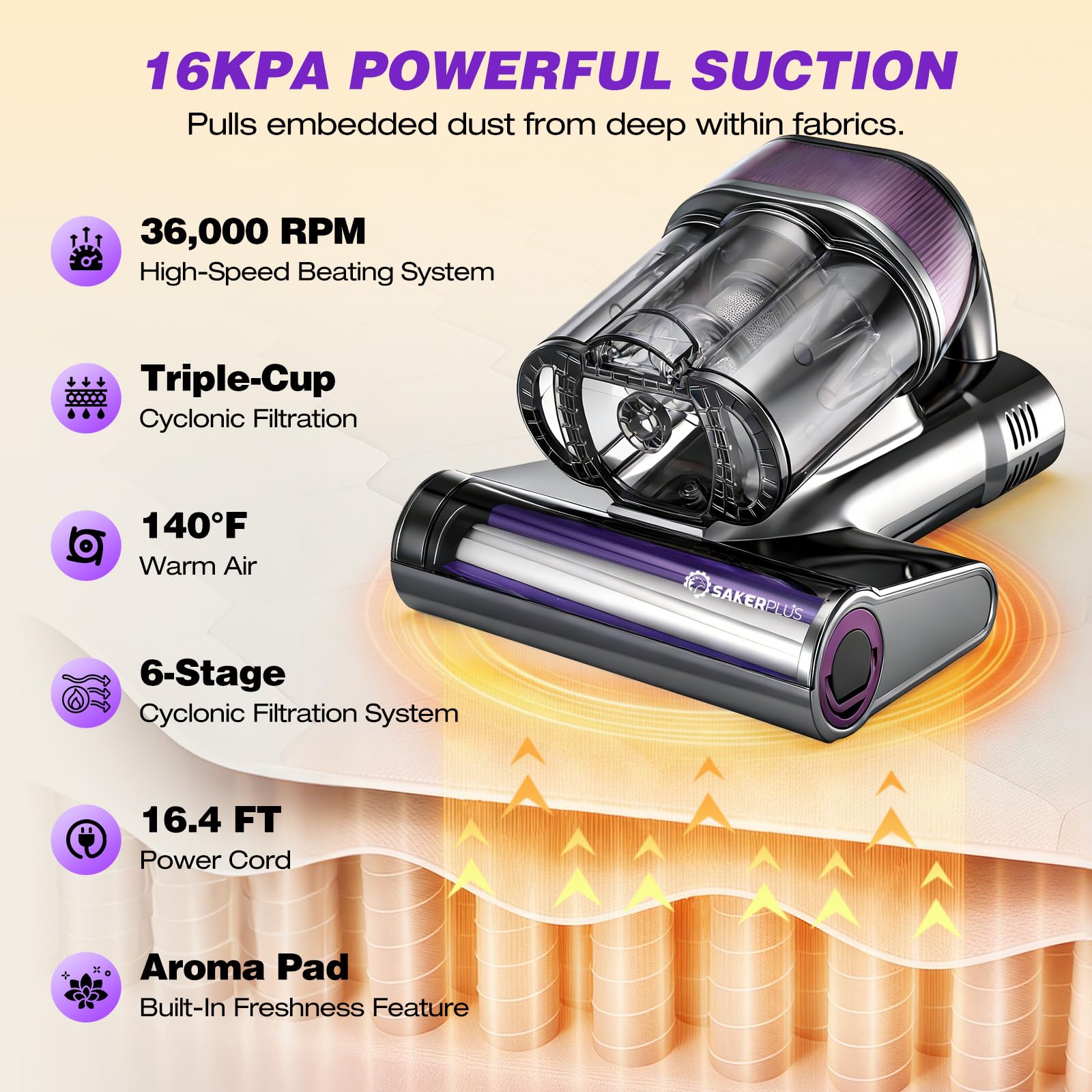 SakerPlus 36000 pulses per minute beating lifts embedded dust from fabrics