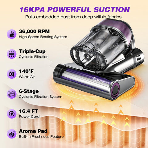SakerPlus 36000 pulses per minute beating lifts embedded dust from fabrics