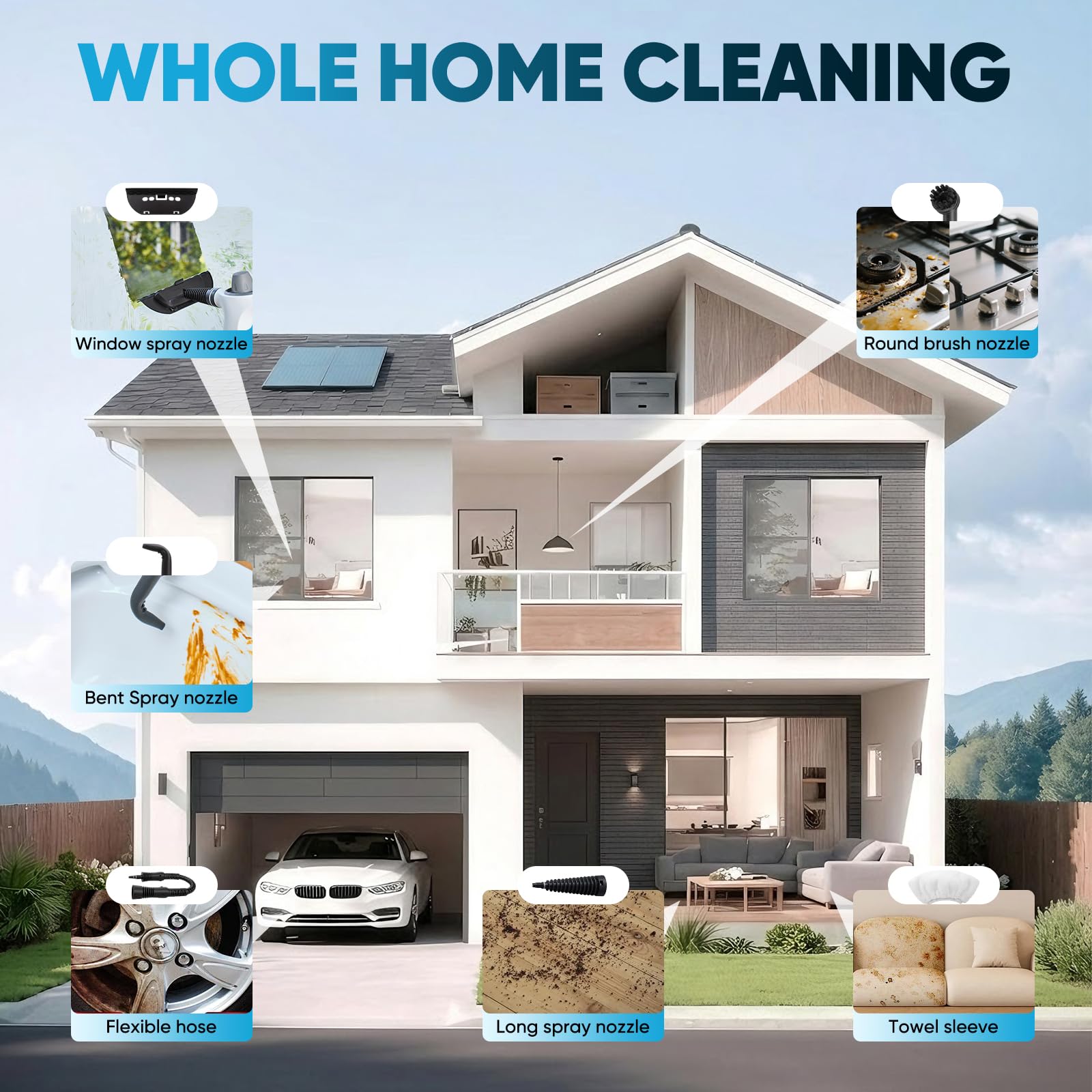 SakerPlus nine-attachments kit enables versatile cleaning across floors, tiles, and fabrics.