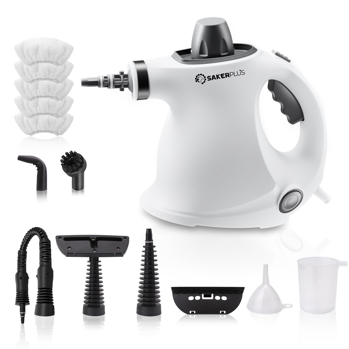 SakerPlus steam cleaner front view highlighting portable design for easy on-the-go cleaning.