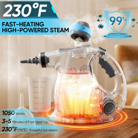 SakerPlus steam cleaner in action handheld performing spot cleaning in tight spaces.