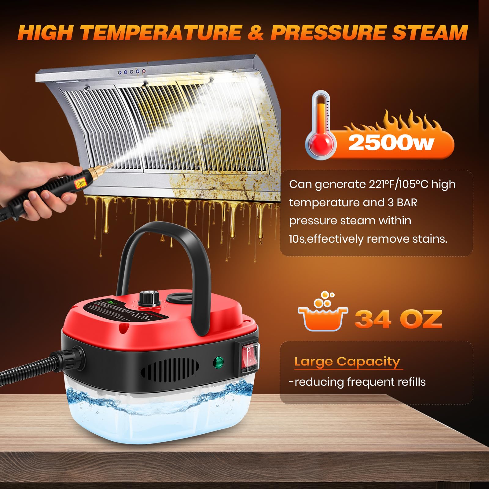 Steam cleaner in use cleaning tight spots behind appliances