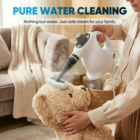 SakerPlus steam jet releasing high-temperature steam to tackle grime on surfaces.