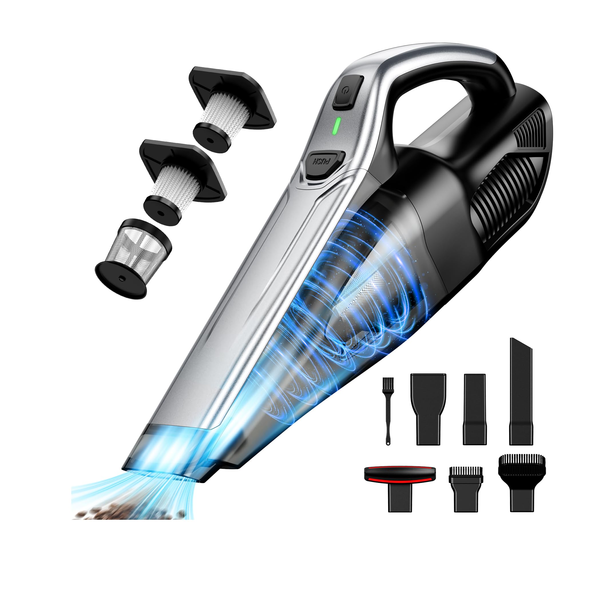 SAKOLD car vacuum with attachments for hard-to-reach areas and quick cleanups.