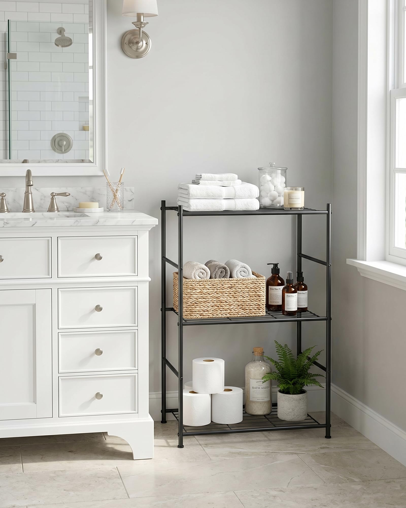 Sakugi shelving with adjustable feet, level setup on uneven floors.