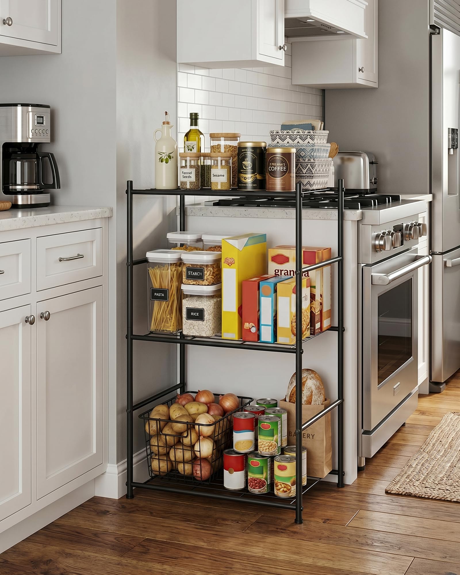 Sakugi 3-tier shelving kit, assembly guide close-up for quick setup and clutter-free storage.