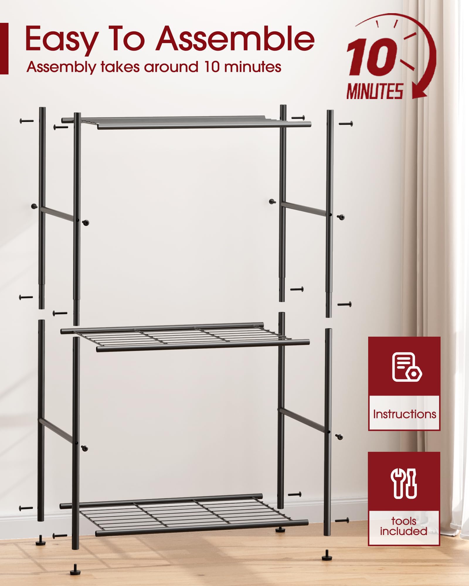 Sakugi 3-tier unit on display, steps of assembly shown for quick setup.