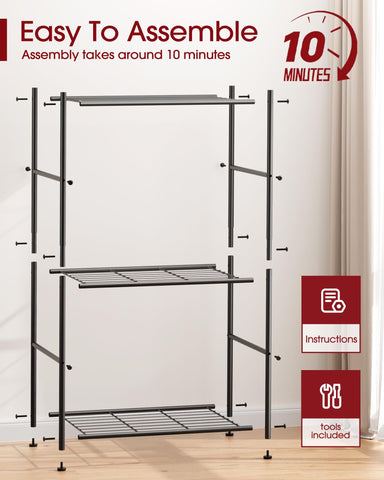 Sakugi 3-tier unit on display, steps of assembly shown for quick setup.