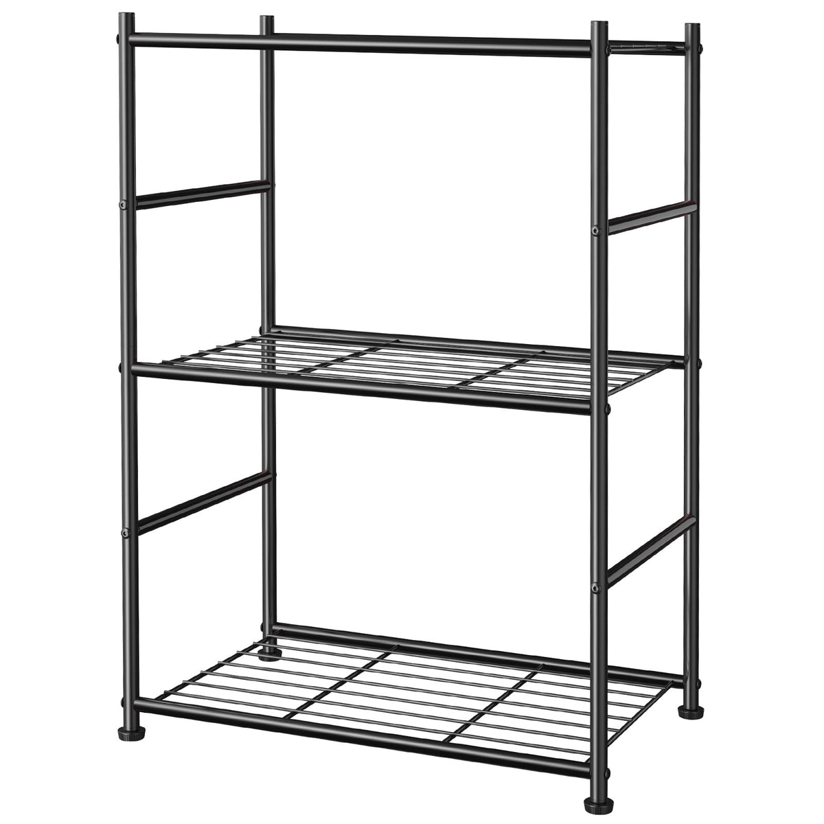 Sakugi 3-tier metal shelving unit side view, ideal for pantry organization in tight spaces.