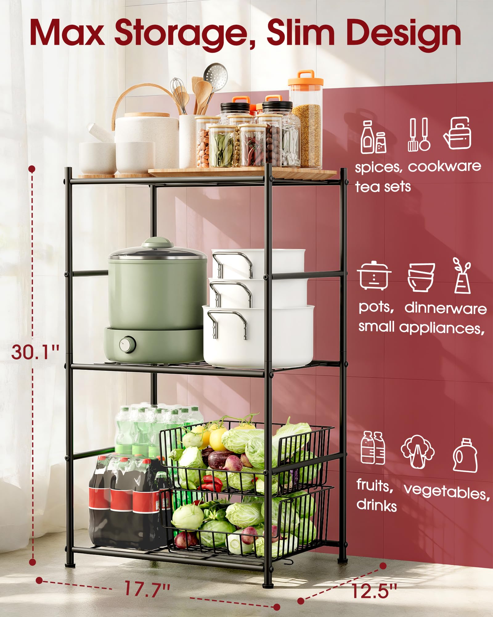 Sakugi 3-tier metal unit, top shelf close-up, durable rust-resistant finish for humid areas.