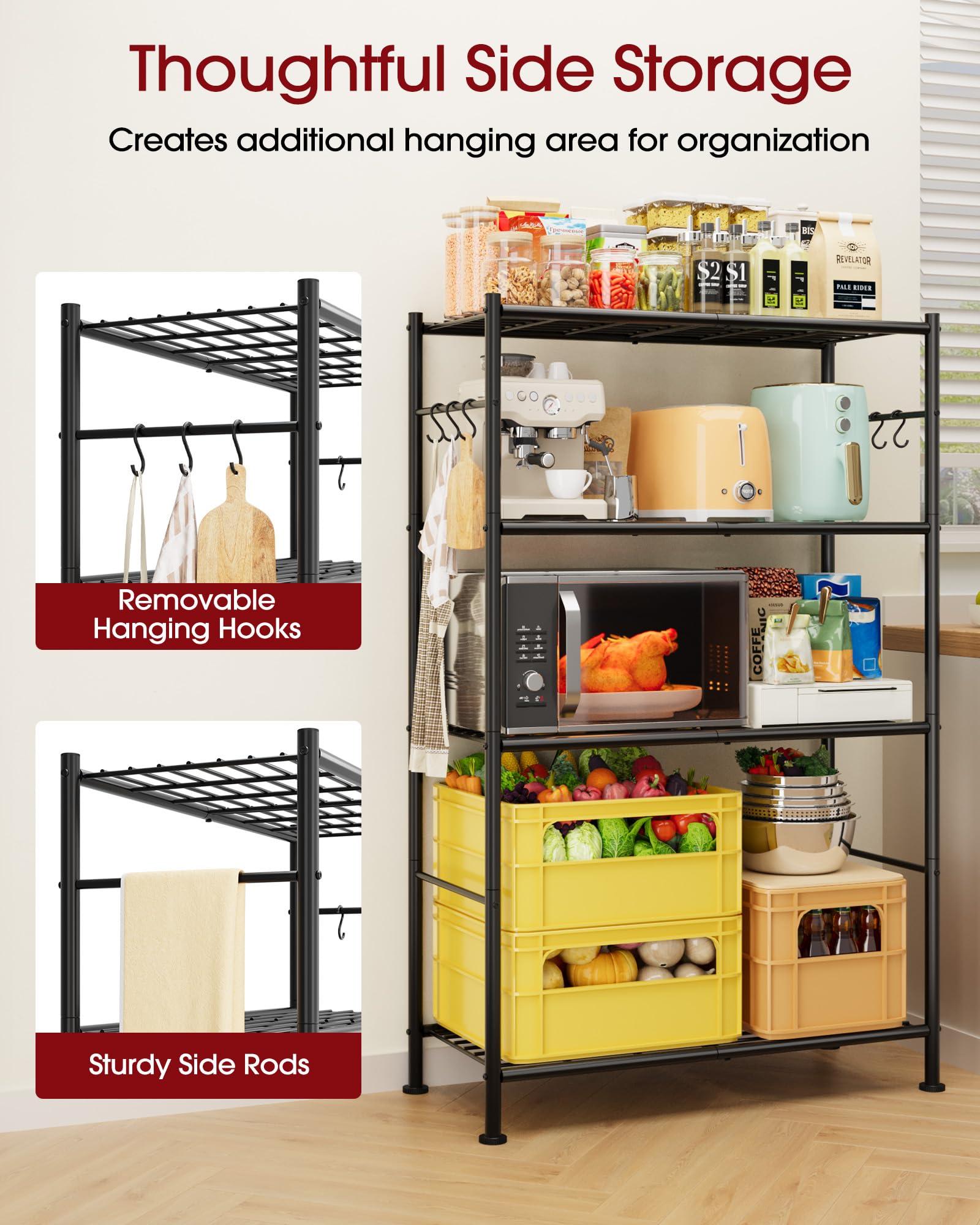 Sakugi 4-Tier shelf with hooks offers versatile storage for tools and kitchenware