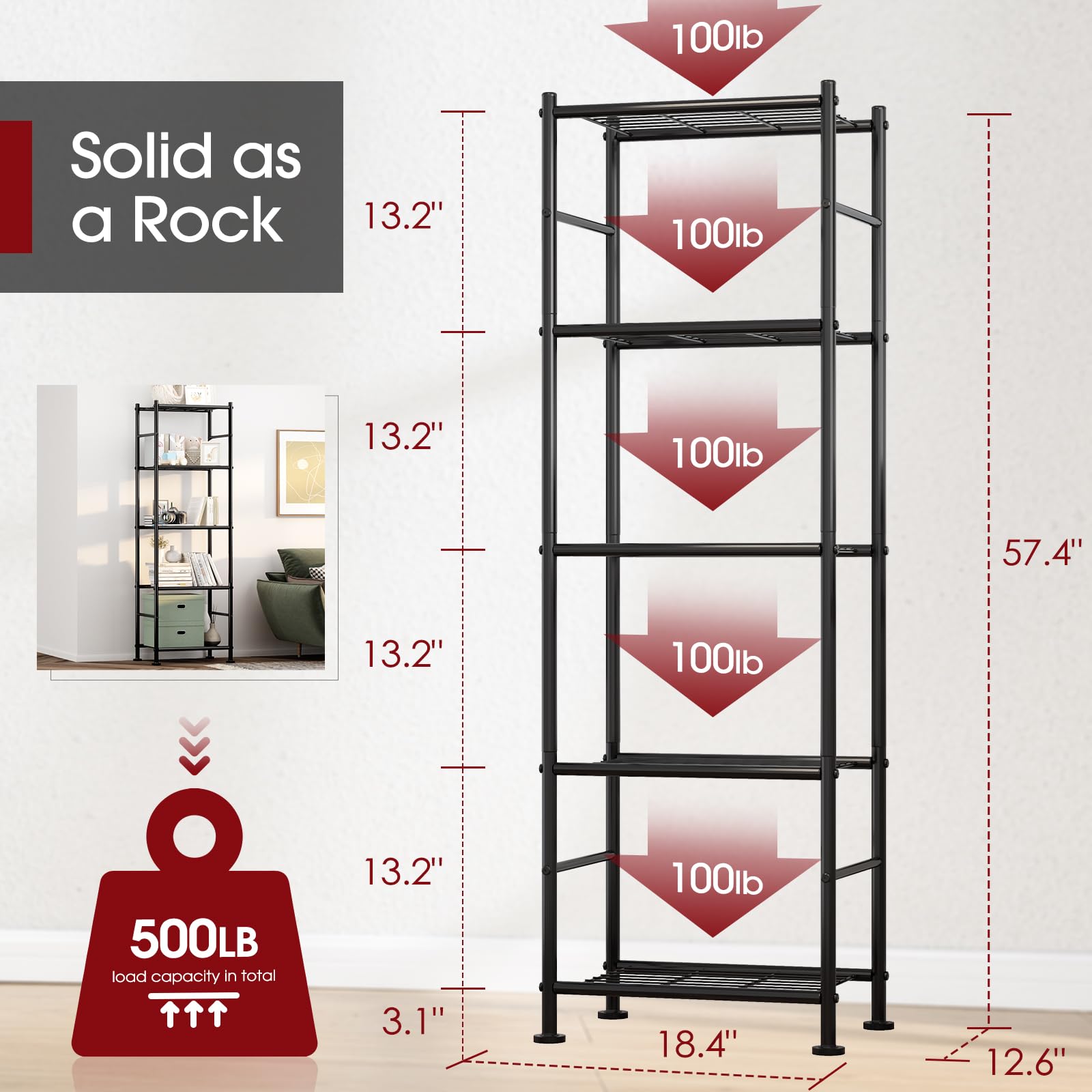 Sakugi 5-tier shelf assembly close-up, easy no-tools setup.