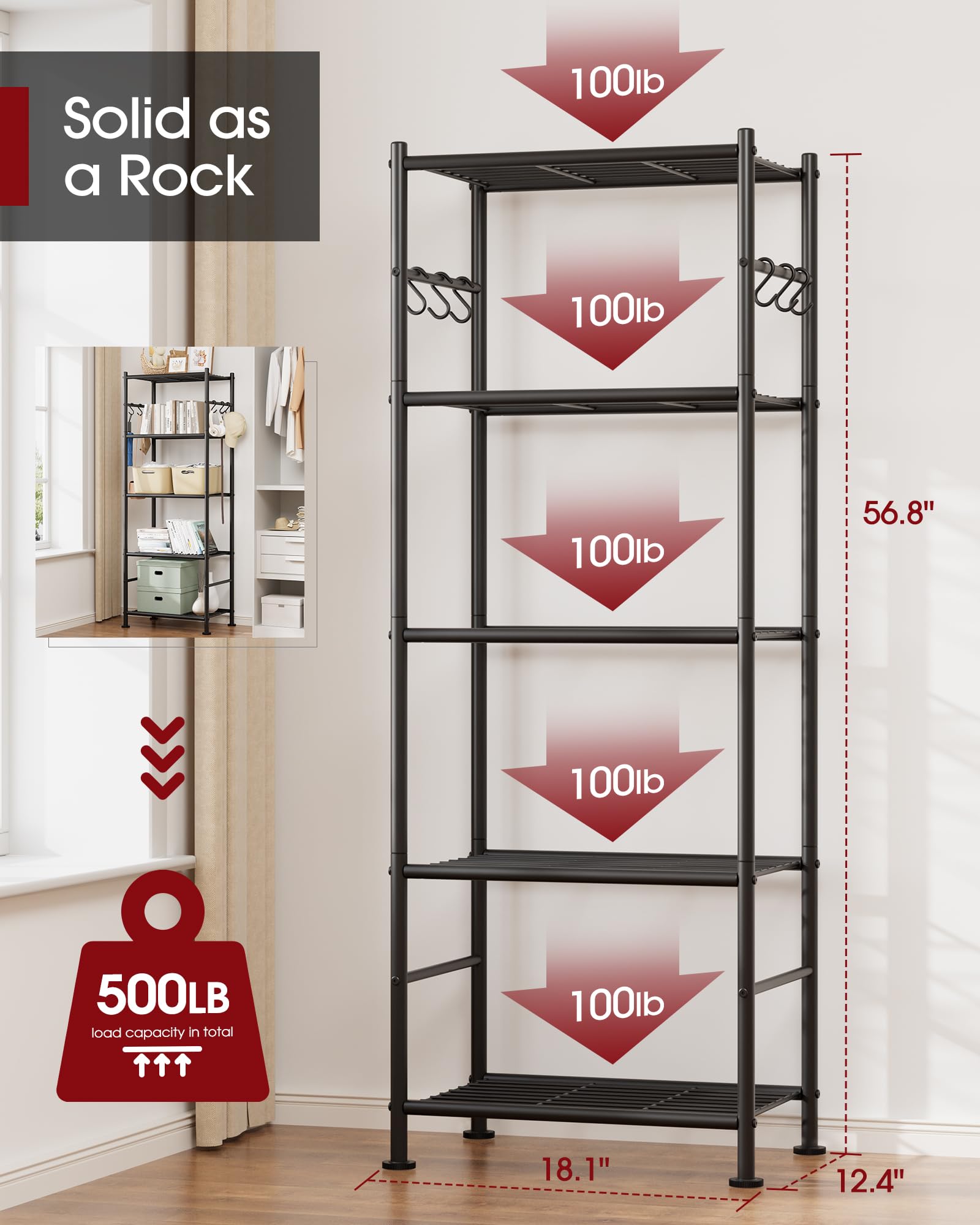 Sakugi shelf leveling feet provide wobble-free stability on uneven floors.