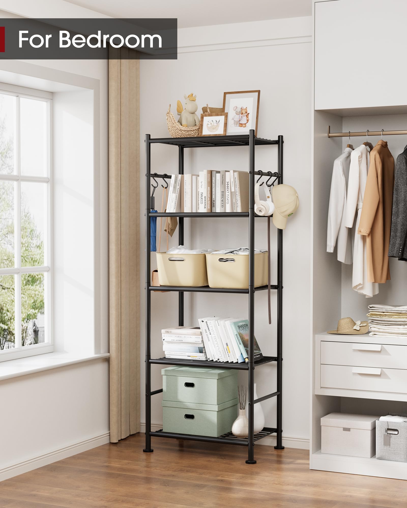 Sakugi 5-tier shelf side hooks for hanging towels and tools.