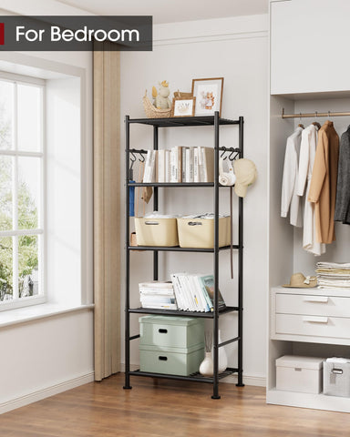 Sakugi 5-tier shelf side hooks for hanging towels and tools.