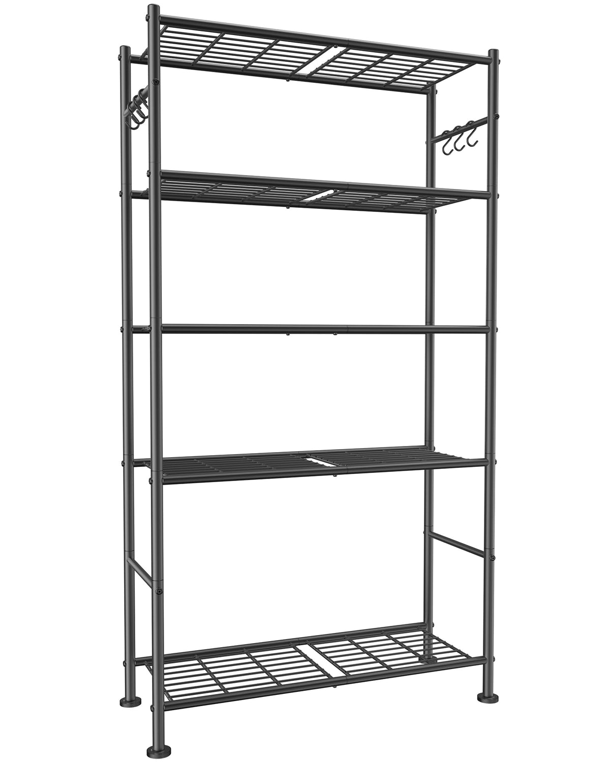 Sakugi 5-tier storage shelves with side hooks for organized laundry or garage storage.