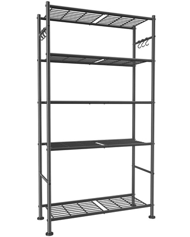 Sakugi 5-tier storage shelves with side hooks for organized laundry or garage storage.
