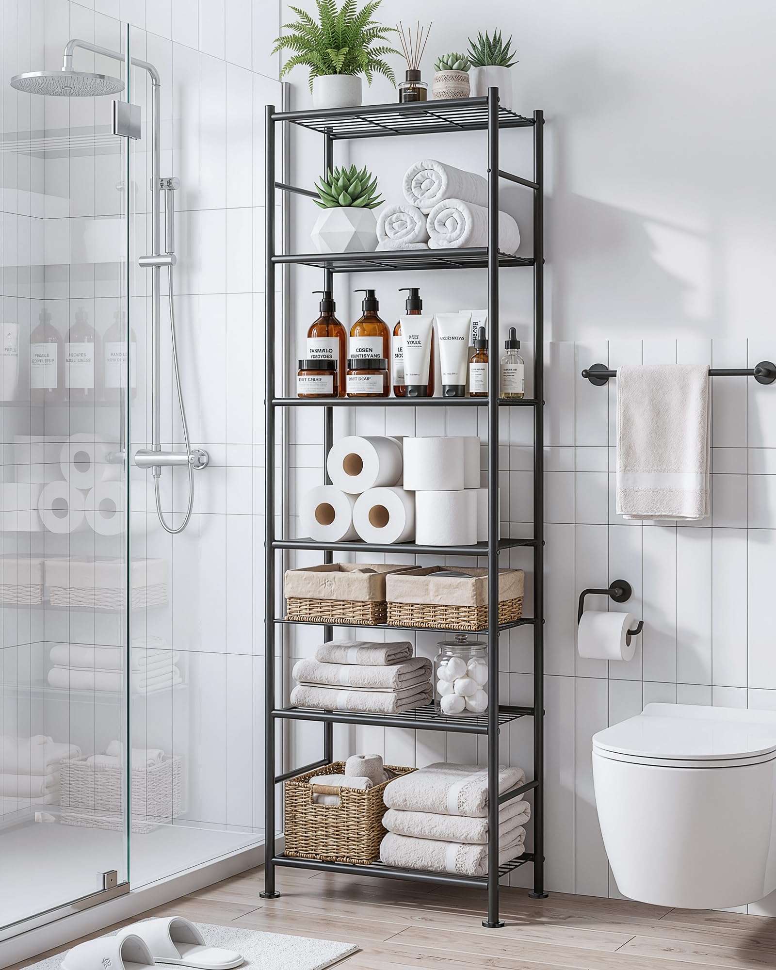 Close-up of Sakugi black metal shelves showing durable finish.