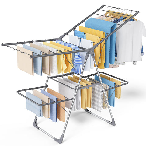 Sakugi clothes drying rack foldable two-level design boosts airflow for faster drying.