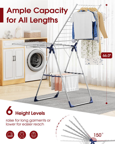 Sakugi folding drying rack shows compact frame for easy storage.