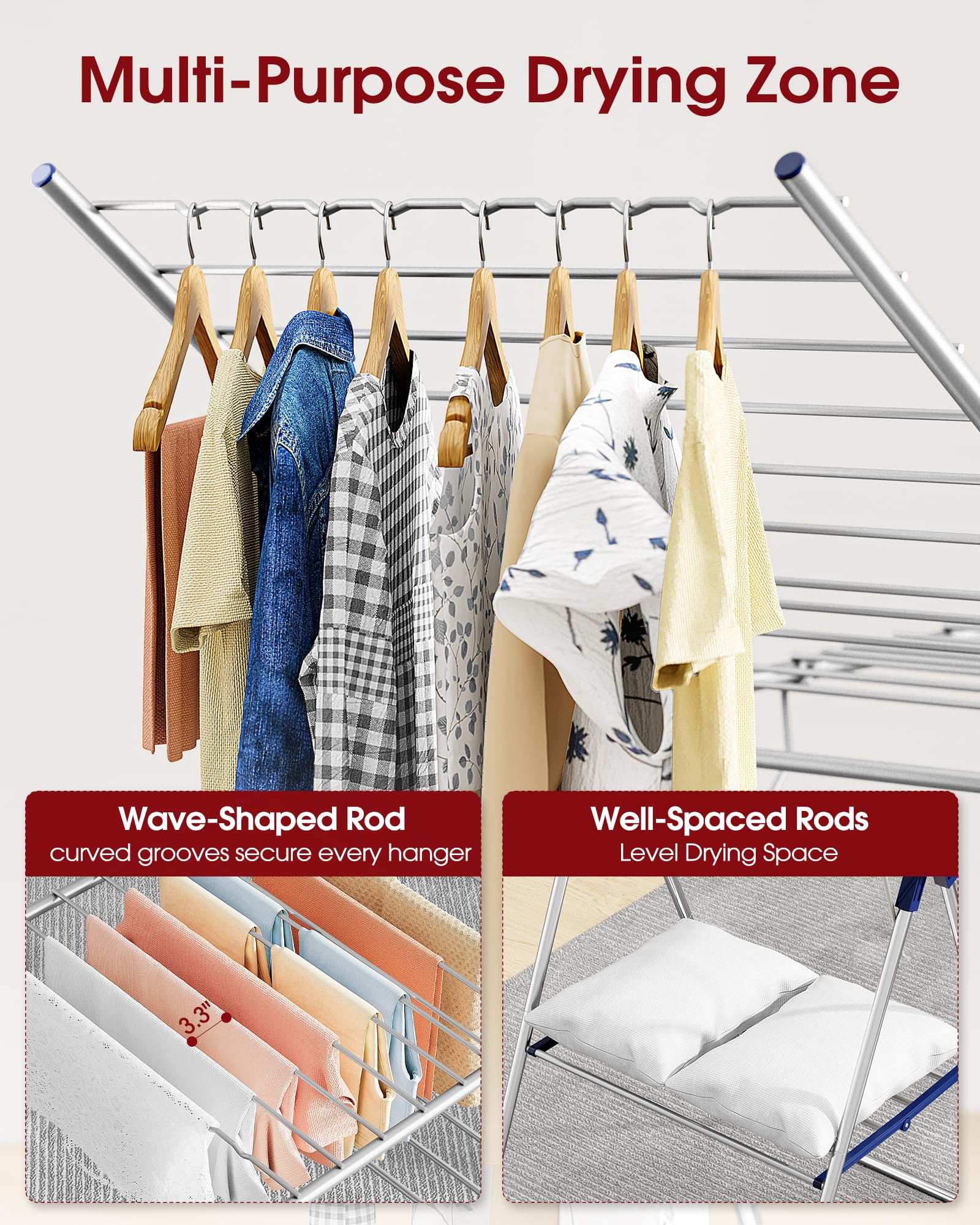 Sakugi clothes drying rack height-adjustable-wings offers flexible drying layouts.