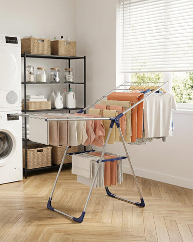 Sakugi clothes drying rack tool-free-setup makes assembly quick for first-time users.