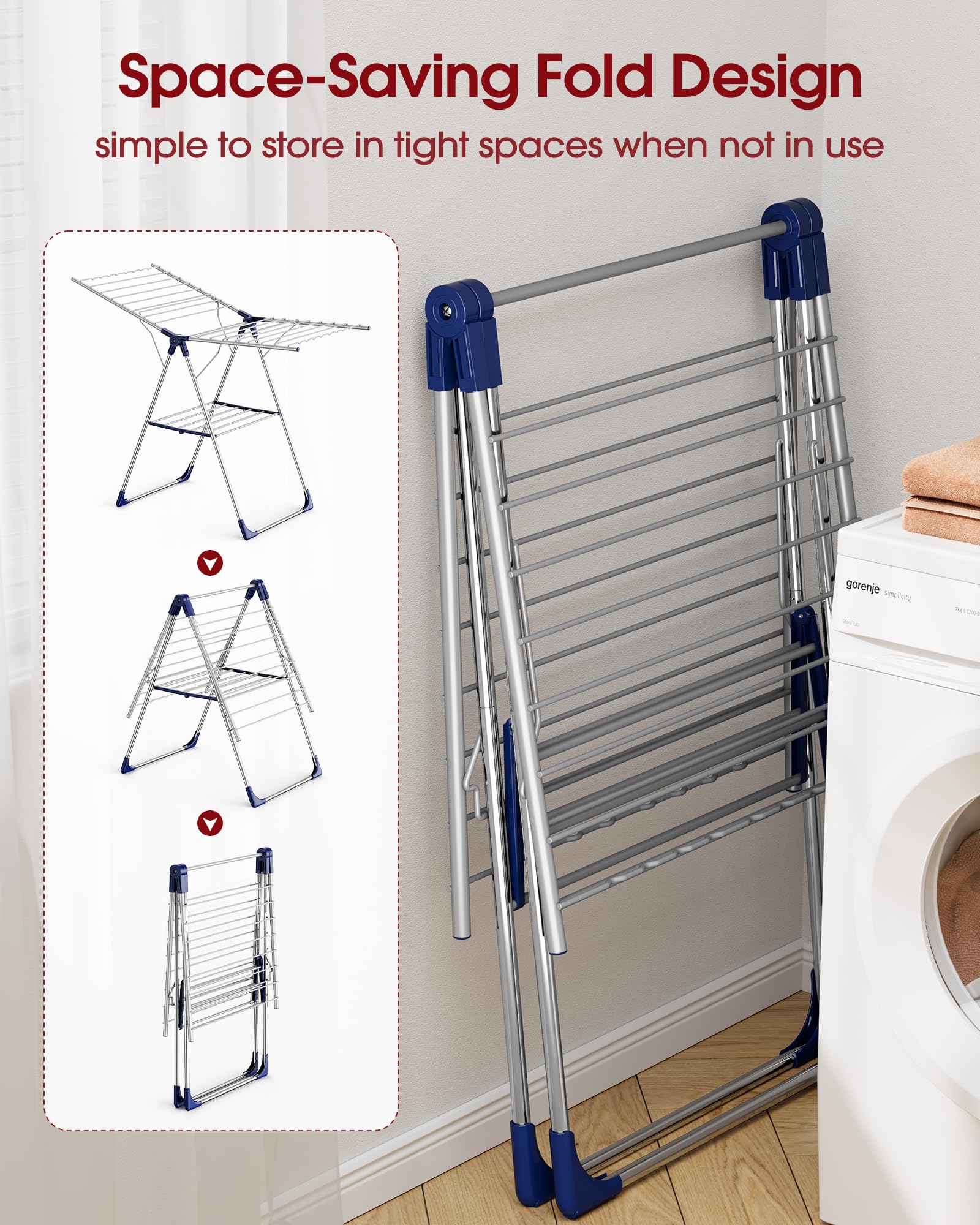 Sakugi clothes drying rack triangle-base-stability keeps loads steady during use.