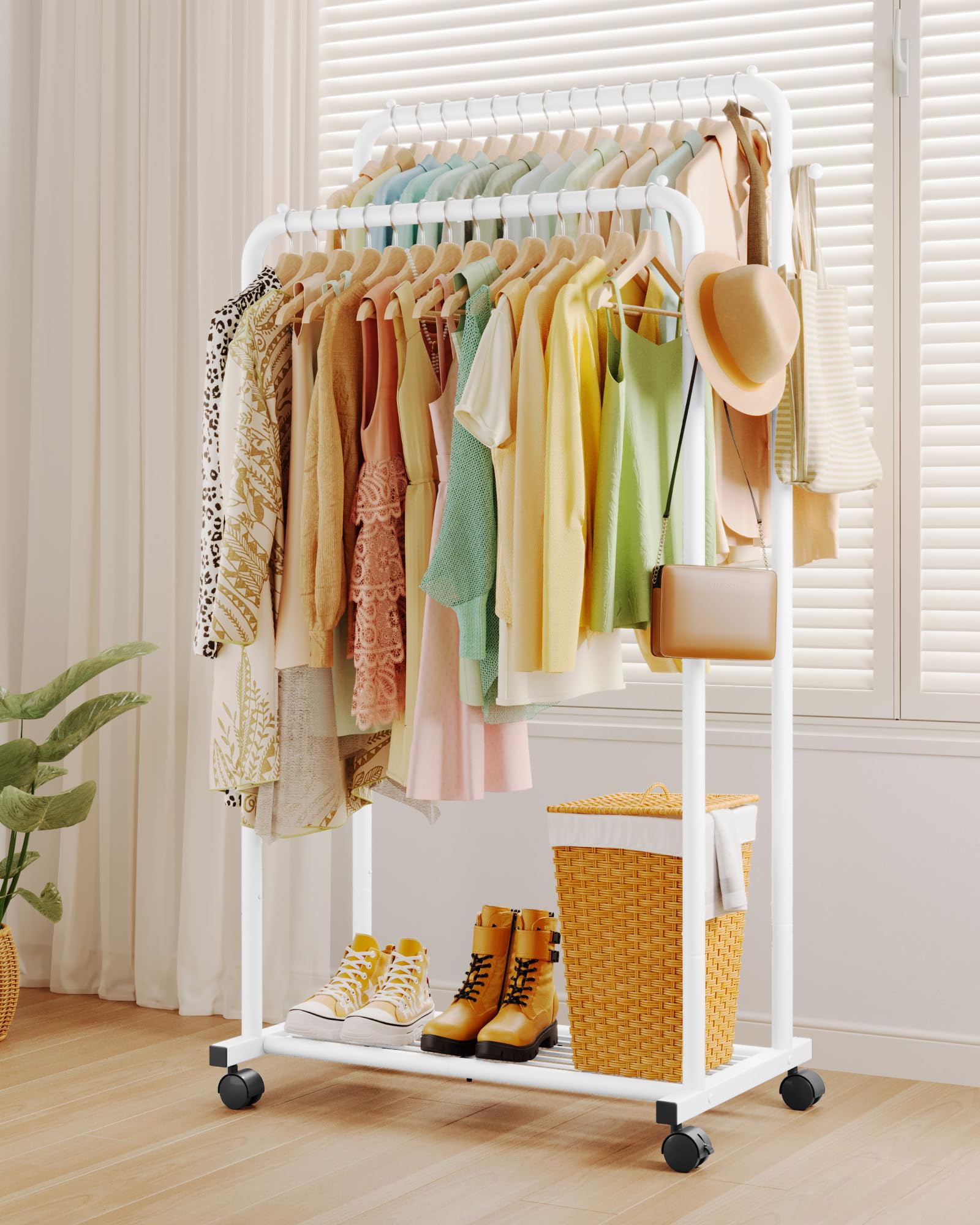 Sakugi clothes rack displaying hooks and side bars for accessories like bags and hats