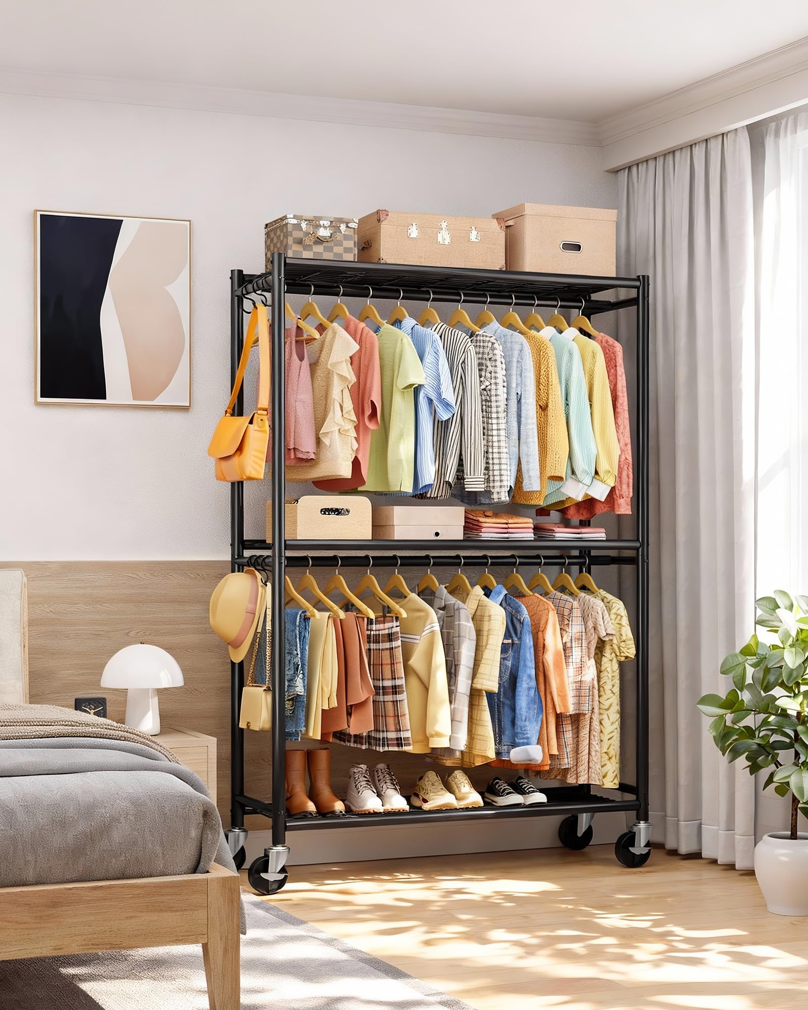 Sakugi rack shown in bedroom with extra shelves and hooks