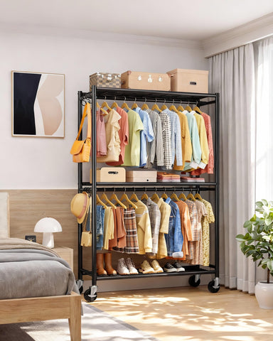 Sakugi rack shown in bedroom with extra shelves and hooks