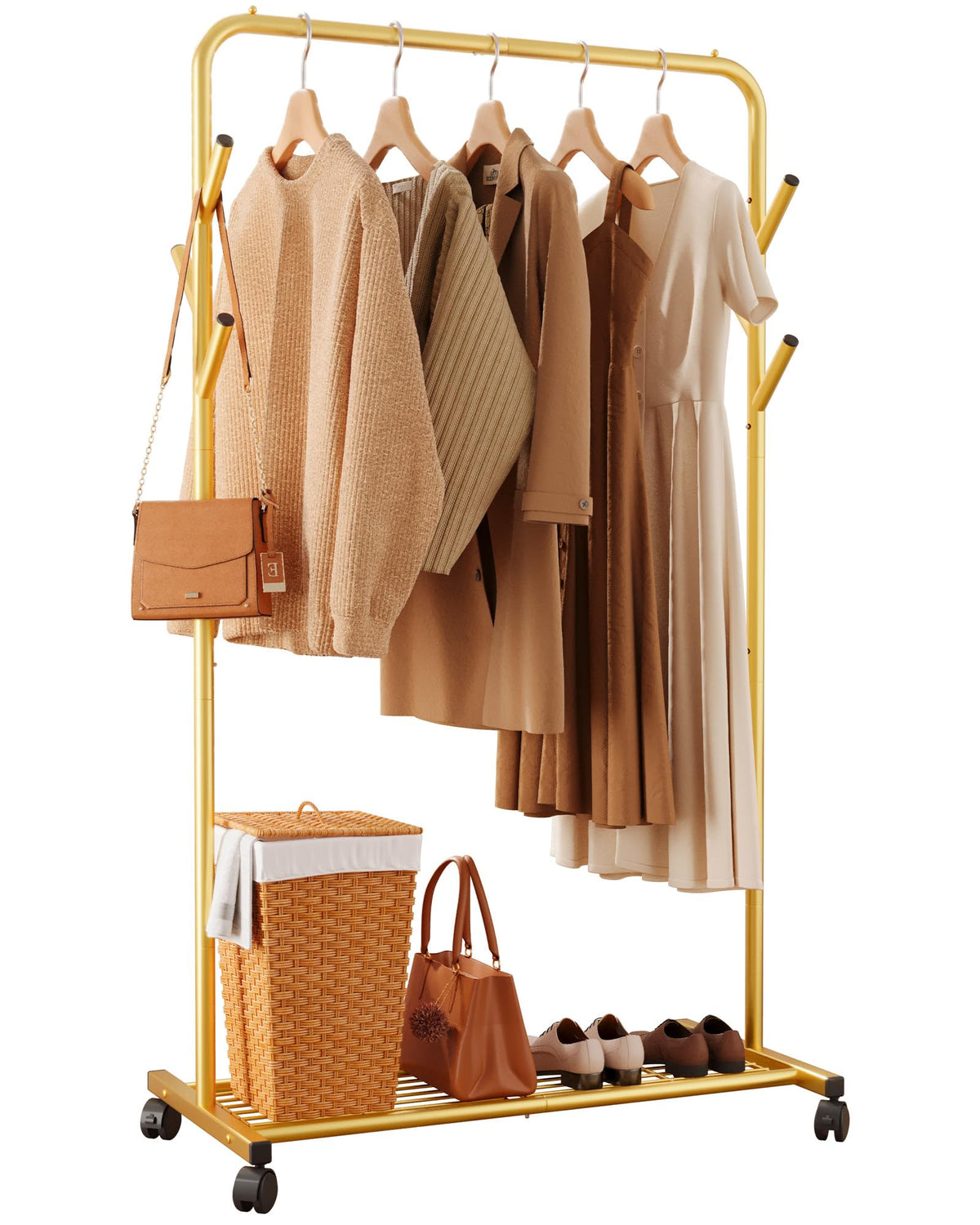 Sakugi clothes rack with bottom shelf—extra storage for shoes and folded items.