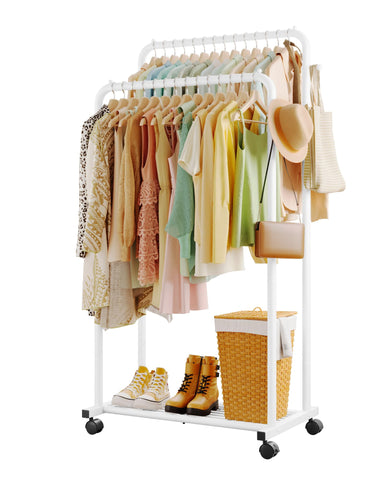 Sakugi clothes rack showing double rods and mesh shelf for organized wardrobe