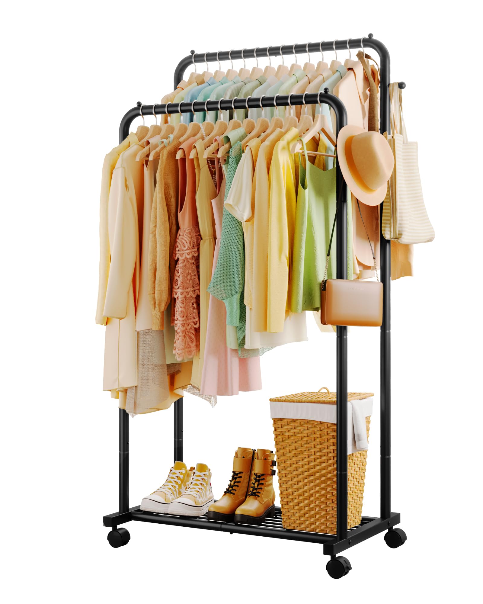 Sakugi clothes rack with double rods offering extensive hanging space for coats and shirts.