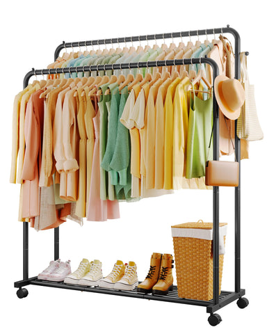 Sakugi clothes rack with double rods for organized hanging up to 77 garments.