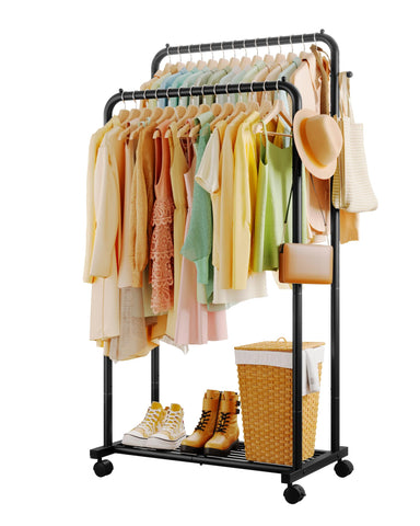 Sakugi clothes rack with double rods offering extensive hanging space for coats and shirts.