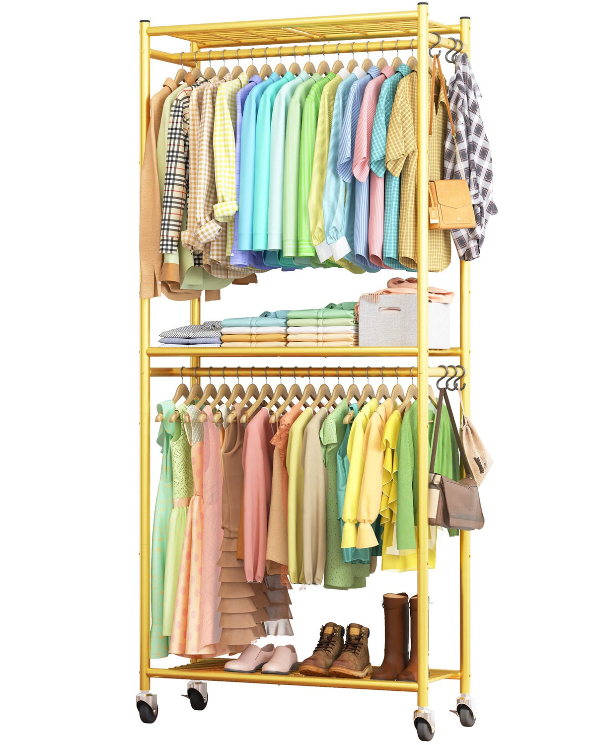 Sakugi clothes rack frame in gold provides sturdy, lasting support for daily outfits.