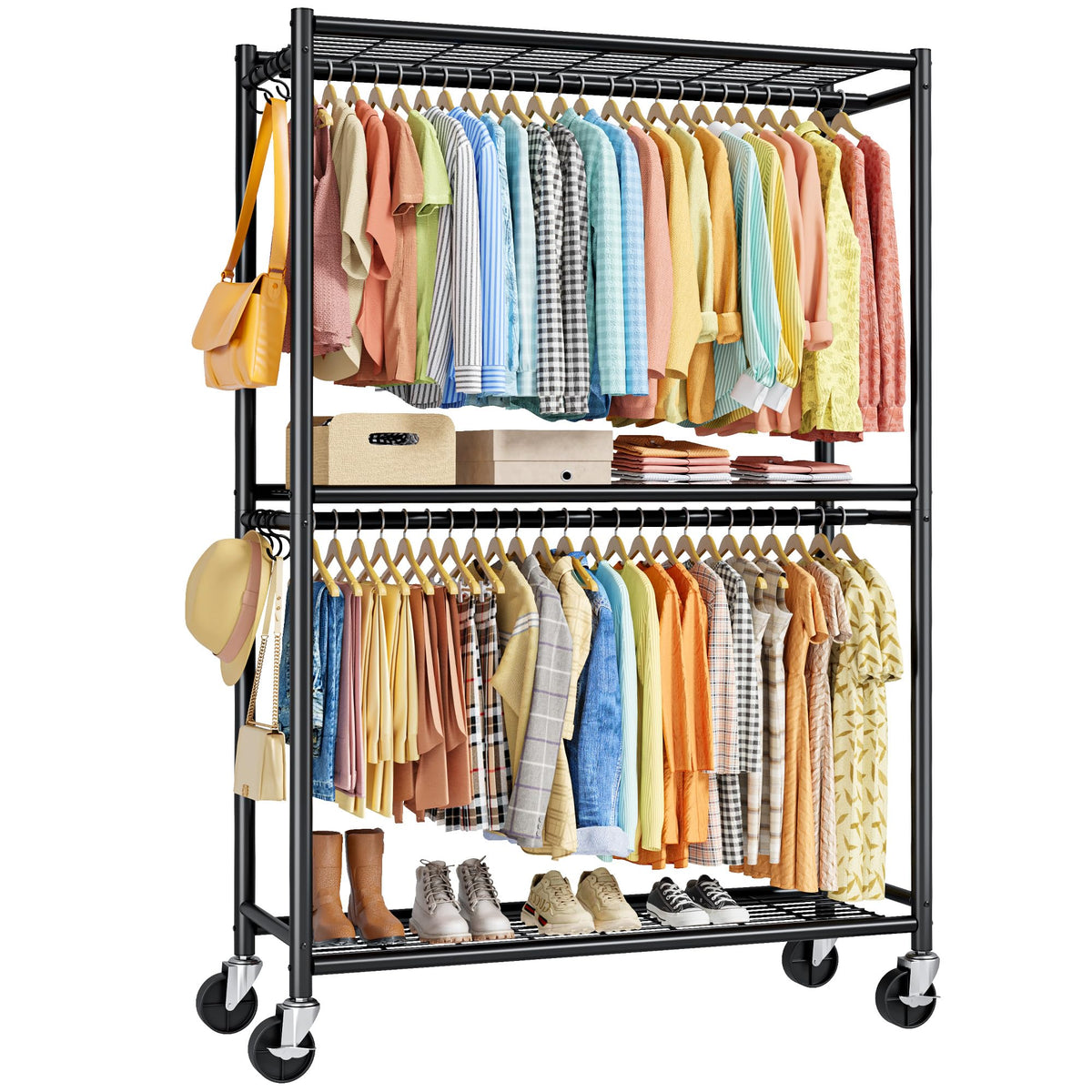 Sakugi clothes rack front view showing dual rods for organized storage