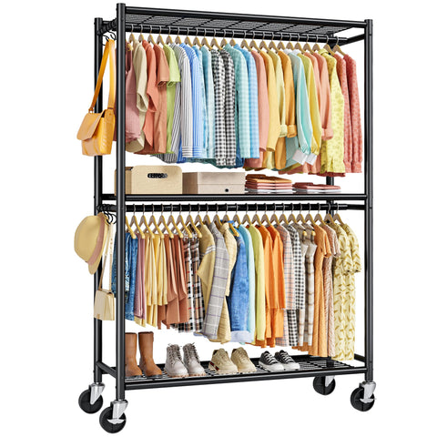 Sakugi clothes rack front view showing dual rods for organized storage